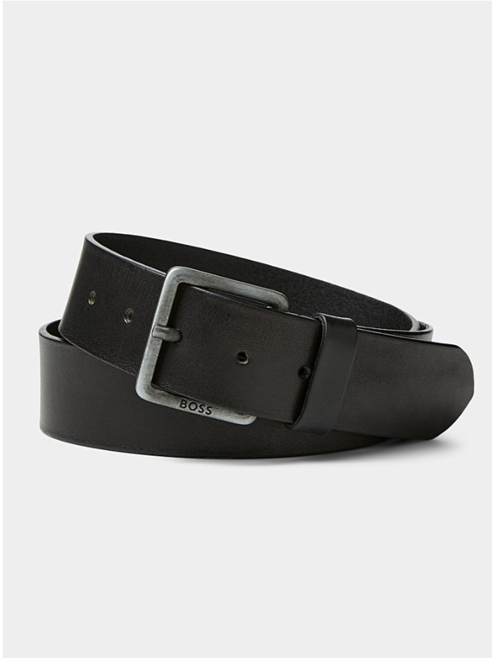 Boss Black Leather Belt with Matte Silver Buckle